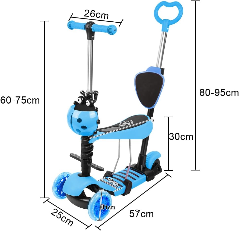 Tretroller mit 3 Rädern für Scooter, faltbar, bunt | rutschfeste Brücke höhenverstellbar mit LED-Lic