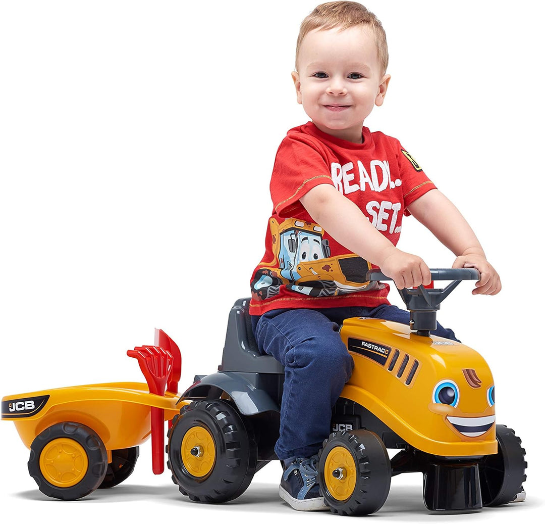 Falk – Baustellenwagen JCB mit Anhänger – ab 12 Monaten Schaufel und Rechen inklusive – 2 Styles zur