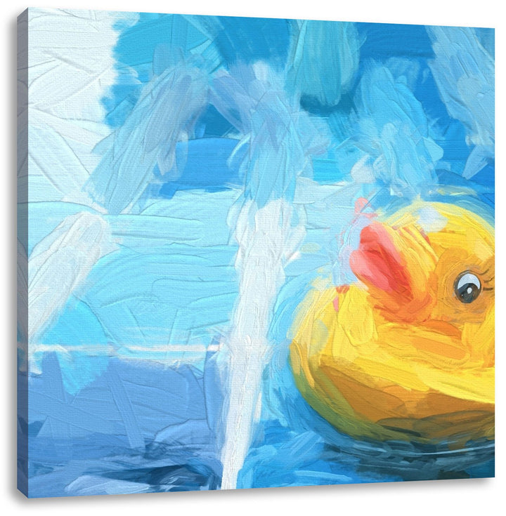 Quietsche Ente im Wasser, Format: 70x70 auf Leinwand, XXL riesige Bilder fertig gerahmt mit Keilrahm