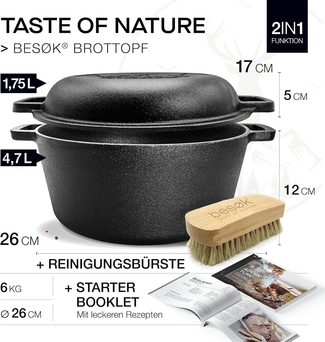 besok Gusseisen Topf Brot Backen [inkl. Gärkorb] - 26cm Brotbackform mit Deckel - Induktion - Brotto