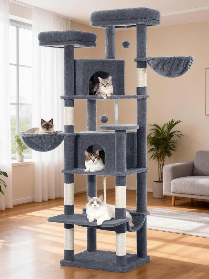 Kratzbaum Gross 175 cm, Katzenbaum XL, Kratzbaum Grosse Katzen Stabil mit Kratzsäulen, 2 Gemütlichen
