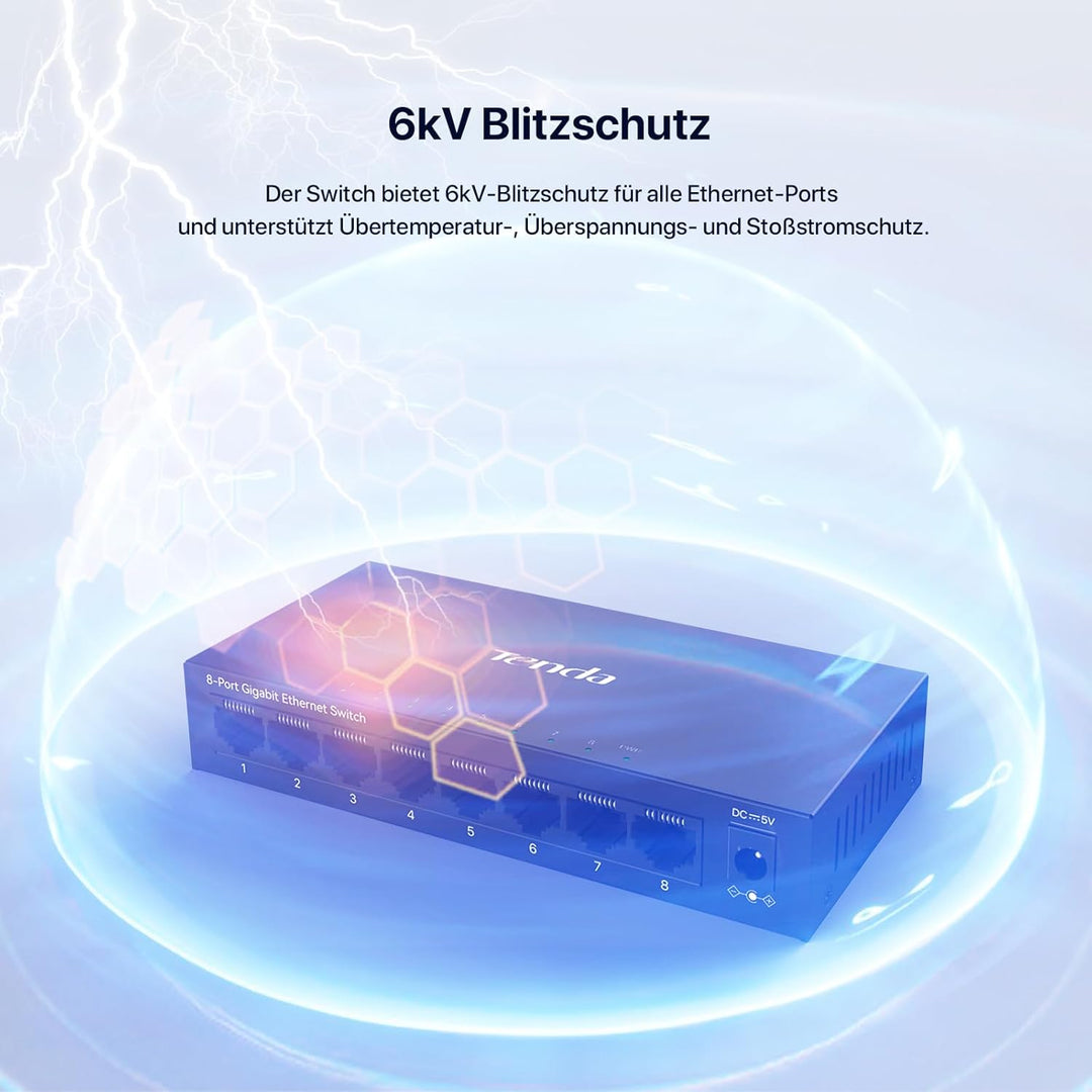 Tenda LAN Switch 8 Port Gigabit Netzwerk Switch Ethernet Splitter (IGMP-Snooping, QoS, Plug-and-Play