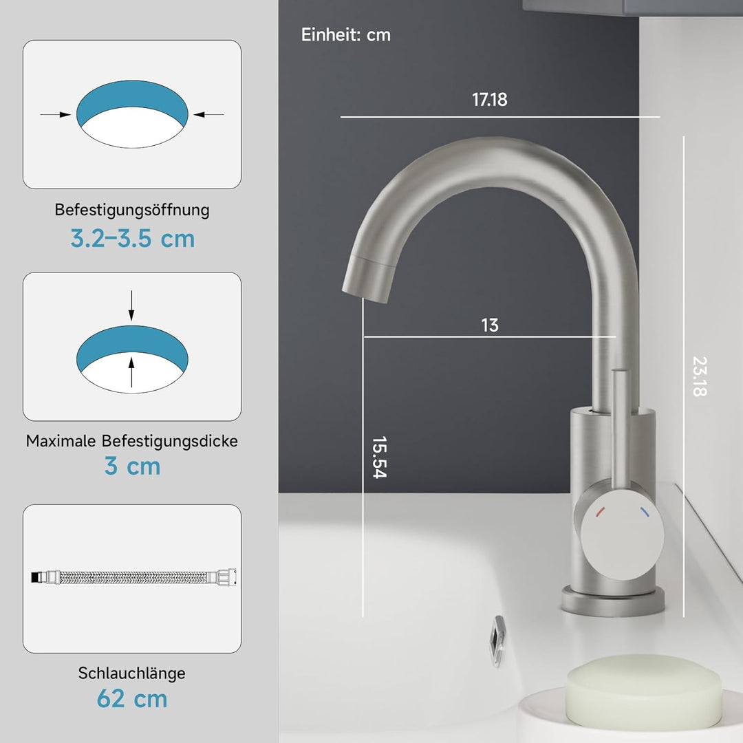 Wasserhahn Bad Gebürstet Nickel, Wasserhahn Küche Edelstahl, 360° Drehbar Waschtischarmatur Hoch, Ei