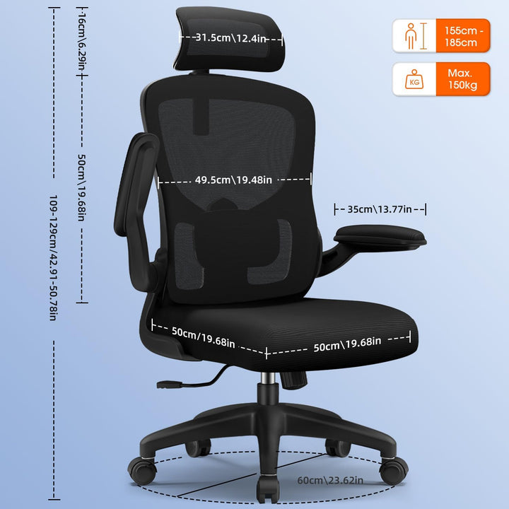 Bürostuhl, Bürostuhl Ergonomisch, Schreibtischstuhl mit 5D-Lendenwirbelstütze und Kopfstütze, 90° kl