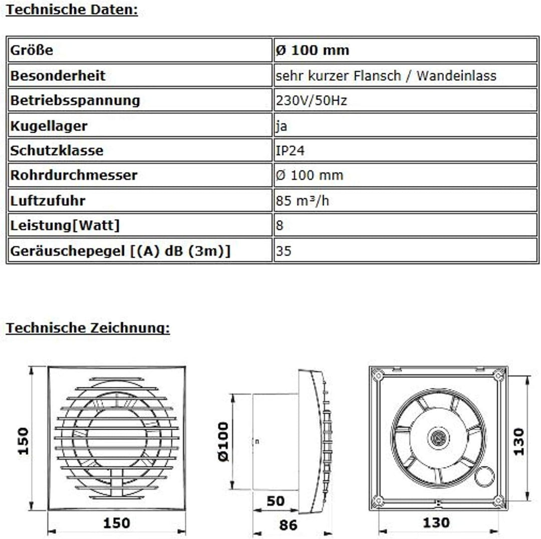 VONLIS Badventilator Badlüfter Lüfter Bad Ventilator Einbautiefe 50 mm kurz Ø 100 mm Nachlauf/Timer