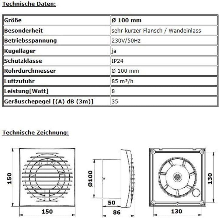 VONLIS Badventilator Badlüfter Lüfter Bad Ventilator Einbautiefe 50 mm kurz Ø 100 mm Nachlauf/Timer