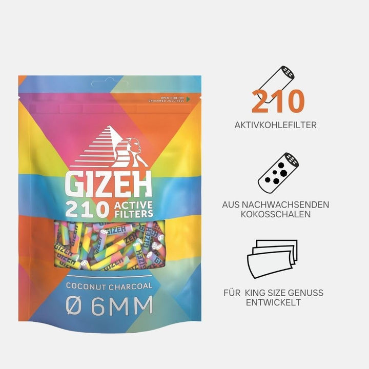 GIZEH RAINBOW Active Filter – Aktivkohlefilter 6 mm Durchmesser im 210er Pack – Aktivkohlefilter sli