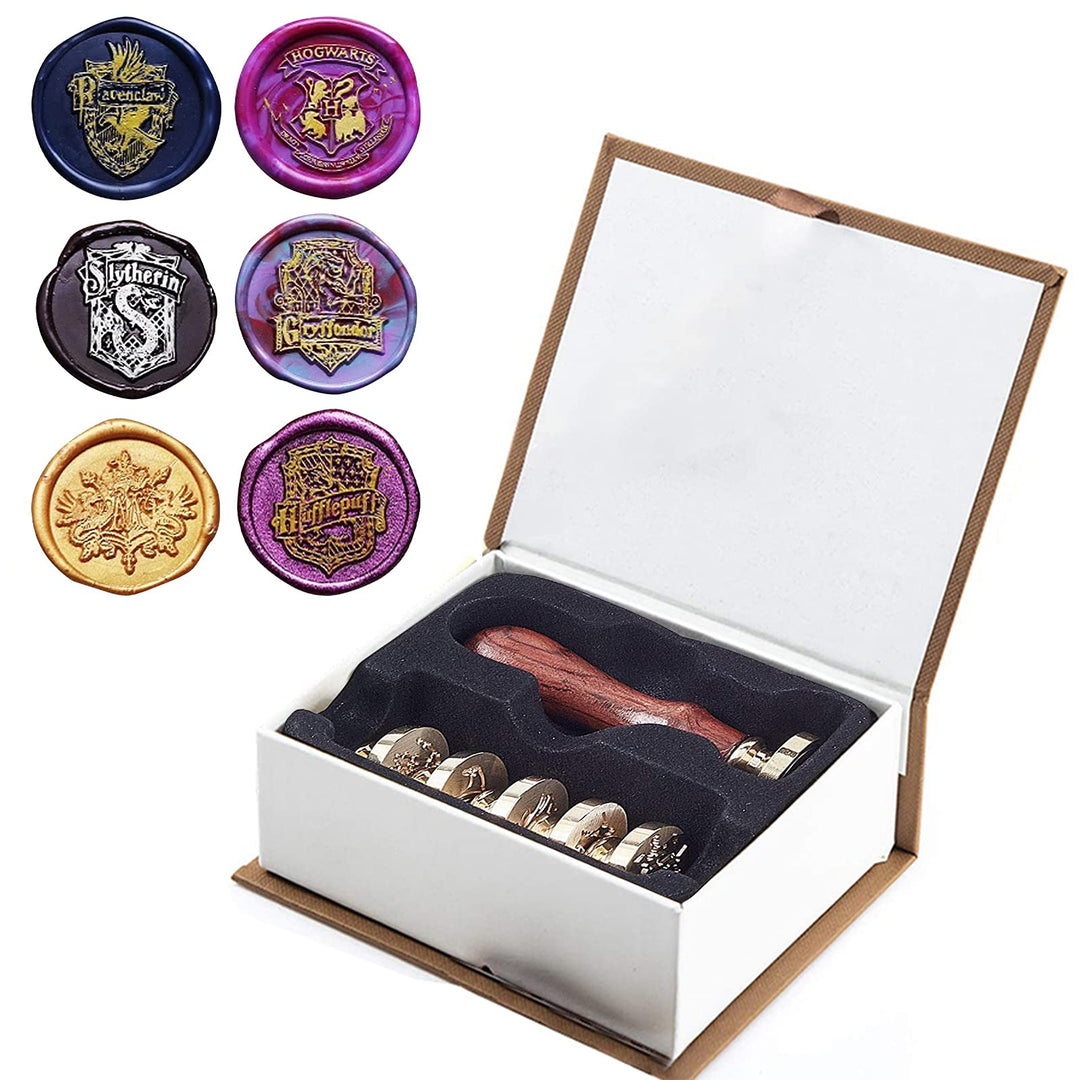 Hogwarts Siegelstempel Set, 7 Pcs Hogwarts Magische Wachssiegel Stempel Set und 1 Pcs Holzgriff, Vin