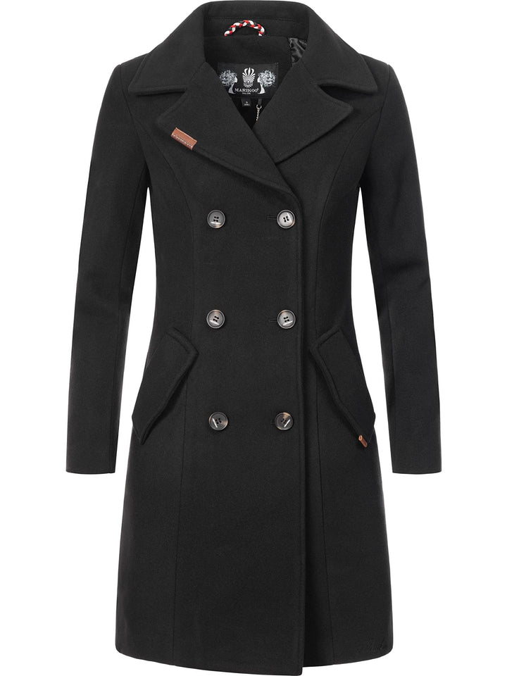 MARIKOO Damen Mantel in Wollmantel-Optik langer Trenchcoat mit Reversekragen Nanakoo XS-5XL 3XL Schw