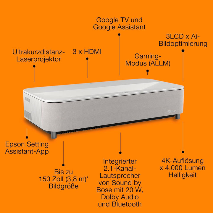 Epson Lifestudio Grand Plus EH‑LS970W | Ultrakurzdistanz Laser Projektor TV | 4K Heimkino | 4.000 Lu