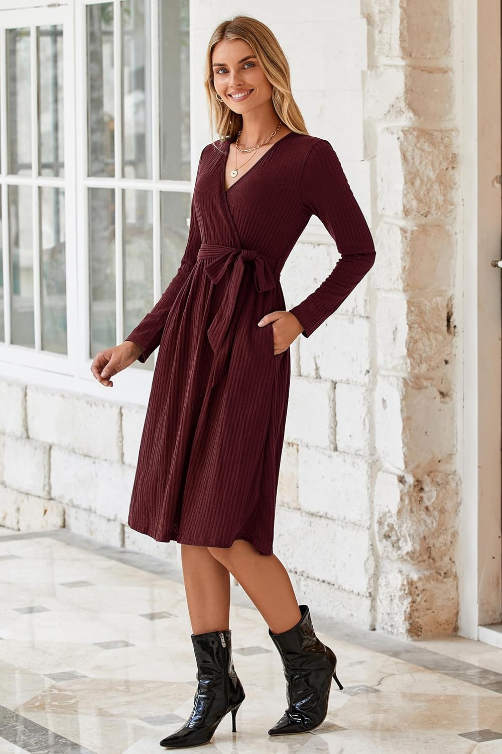 Newshows Strickkleid Damen Herbstkleid V Ausschnitt Pulloverkleid Winterkleid Kleid mit Taschen für