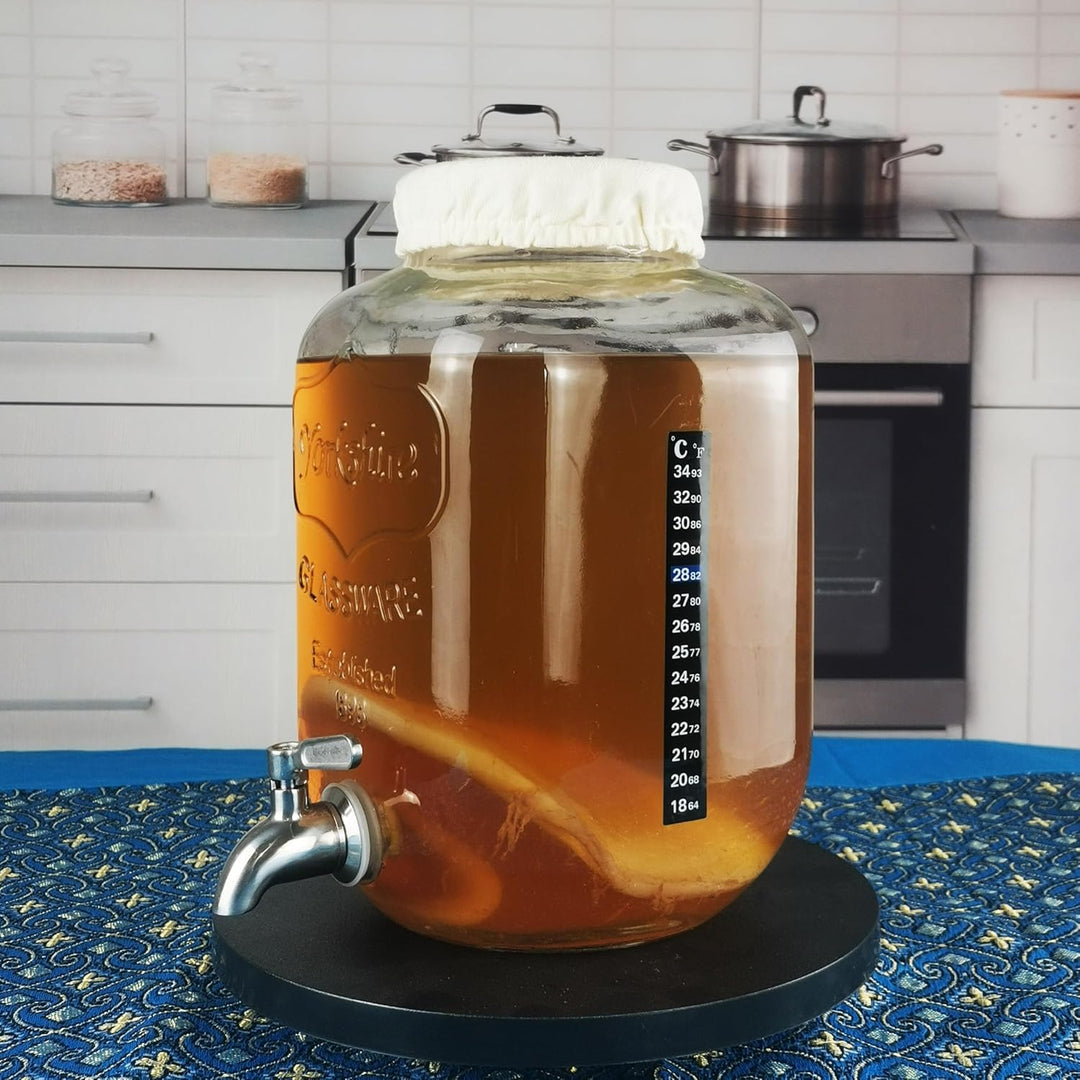 Kombucha Brauset mit 5,0L Glasfermenter &amp; Hahn – Komplett-Set mit Edelstahl-Trichter, Tuch, Temperat