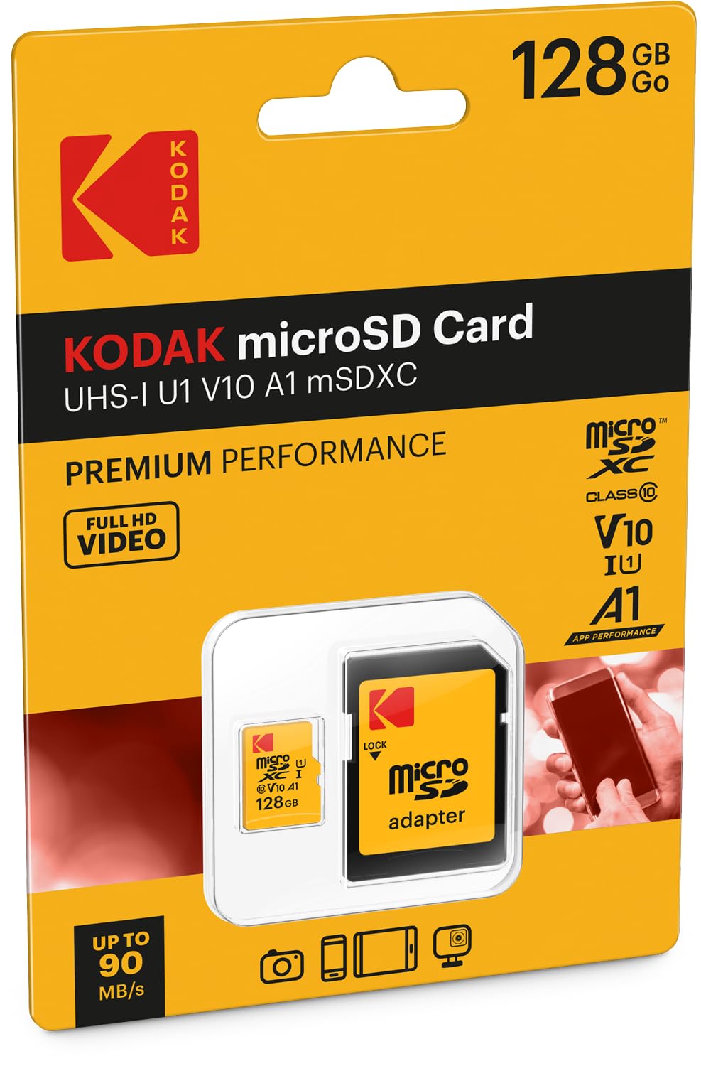 Kodak EKMSDM128GXC10K Premium 128GB microSDXC Speicherkarte, Highspeed, SD-Adapter UHS-I, U1, bis 85