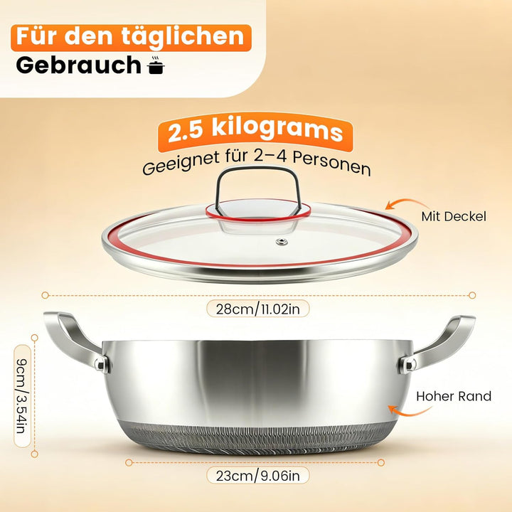Schmorpfanne hoher Rand, Pfanne mit Deckel aus Glas,Wabenpfanne mit kratzfester Antihaftbeschichtung