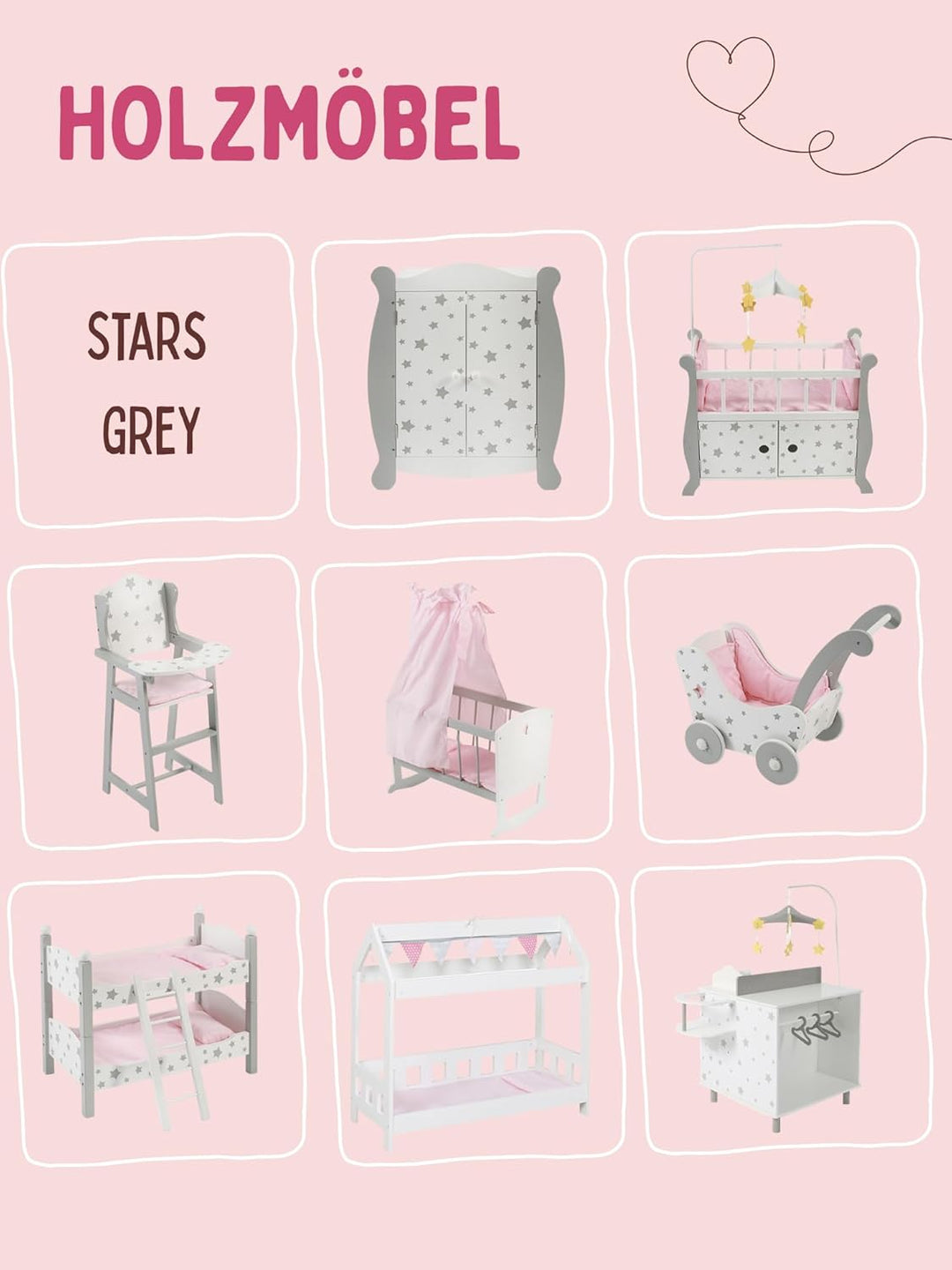 Bayer Chic 2000 507-95 Puppenbett, Cabin-Bett, Puppenmöbel in Stars grau, 56 x 25 x 54 cm, 507-95