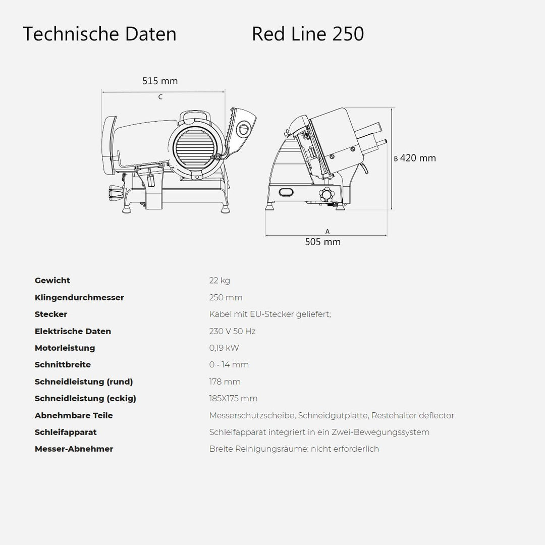 Berkel Red Line 250 schwarz Profi Aufschnittmaschine 250mm Scheideblatt inkl. handgefertigtes Einleg