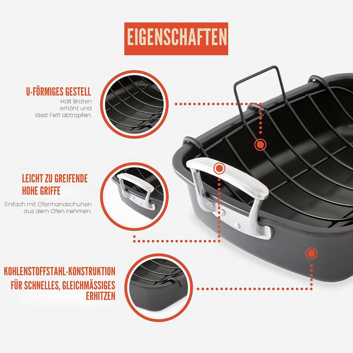 Chef Pomodoro Deluxe Grosse Bratpfanne aus Karbonstahl mit U-Rost, 47 x 37 cm, Extra-Gross, Grau – D
