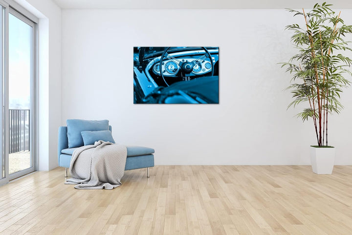deyoli Roter Cabrio Oldtimer Format 80x60 Effekt: Monocrome Blau als Leinwandbild, Motiv fertig gera