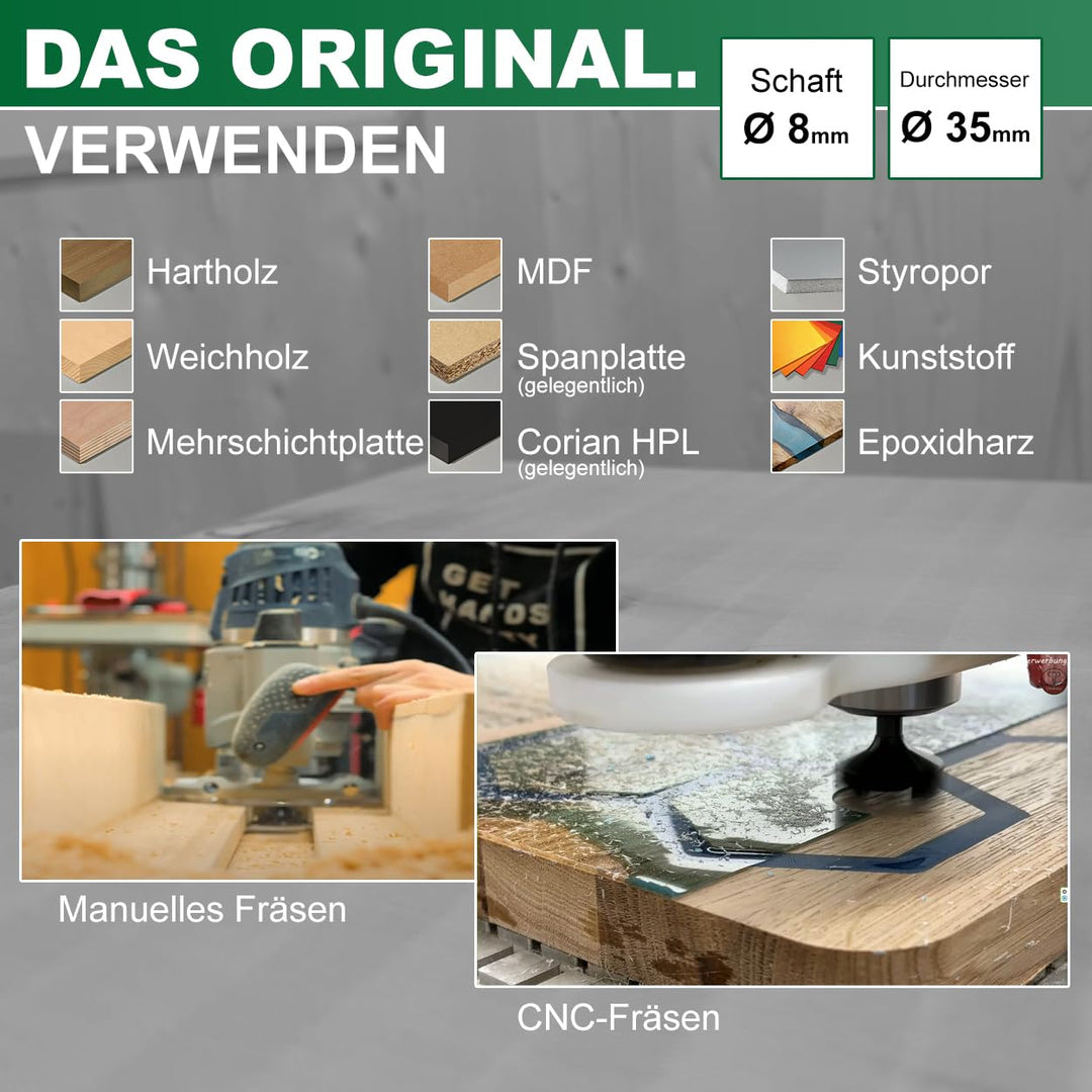 TORNADO Fraiser Planfräser 8mm schaft für Holz Durchmesser 35 mm mit 3 austauschbaren Hartmetallmess