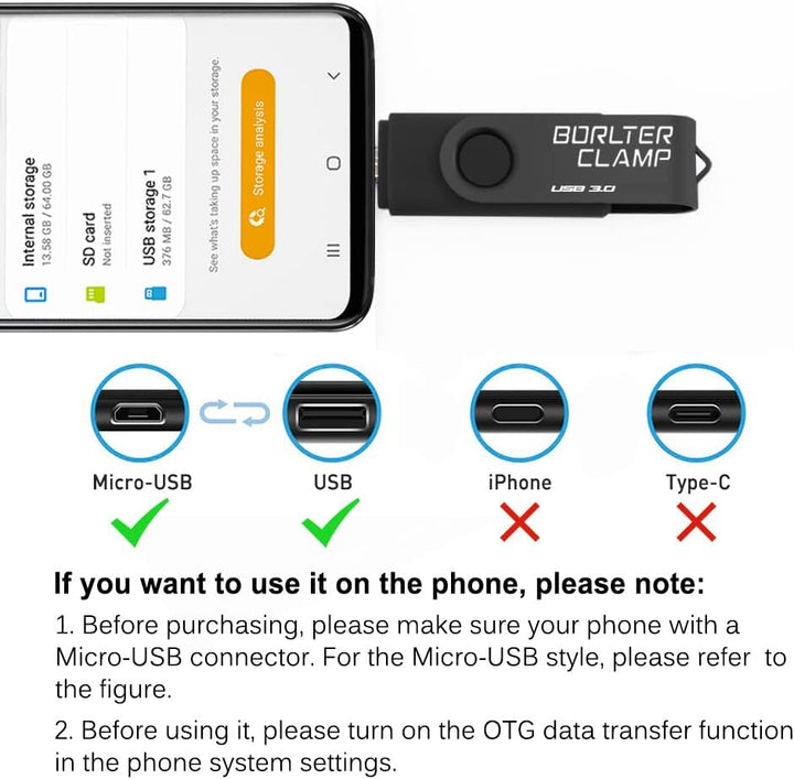 BORLTER CLAMP 128GB OTG USB-Stick Speicherstick Dual USB 3.0 Flash-Laufwerk mit Micro USB-Laufwerk A