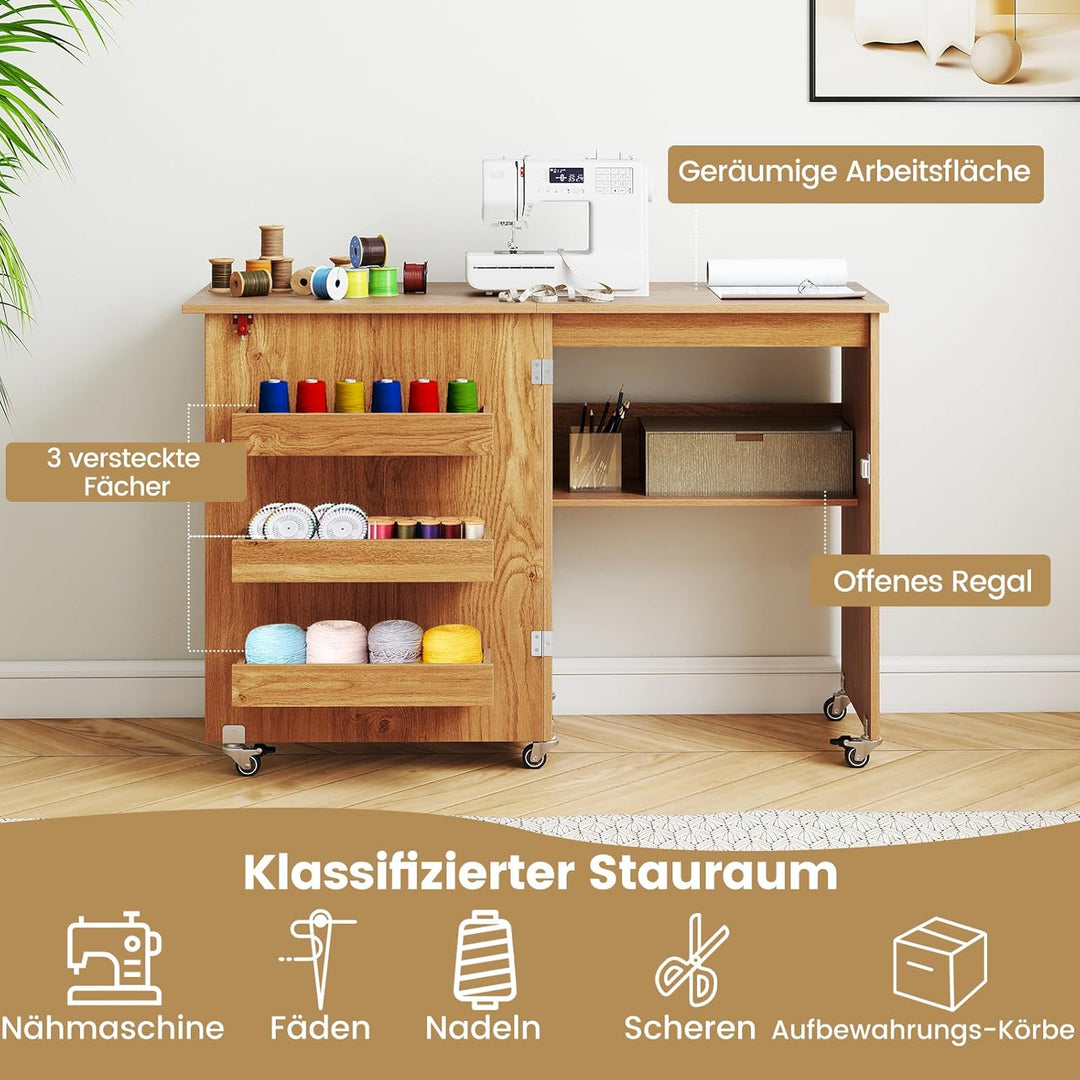 COSTWAY 2 in 1 Nähtisch klappbar, Nähmaschinenschrank aus Holz mit Regalen & Ablagefach, Nähschrank