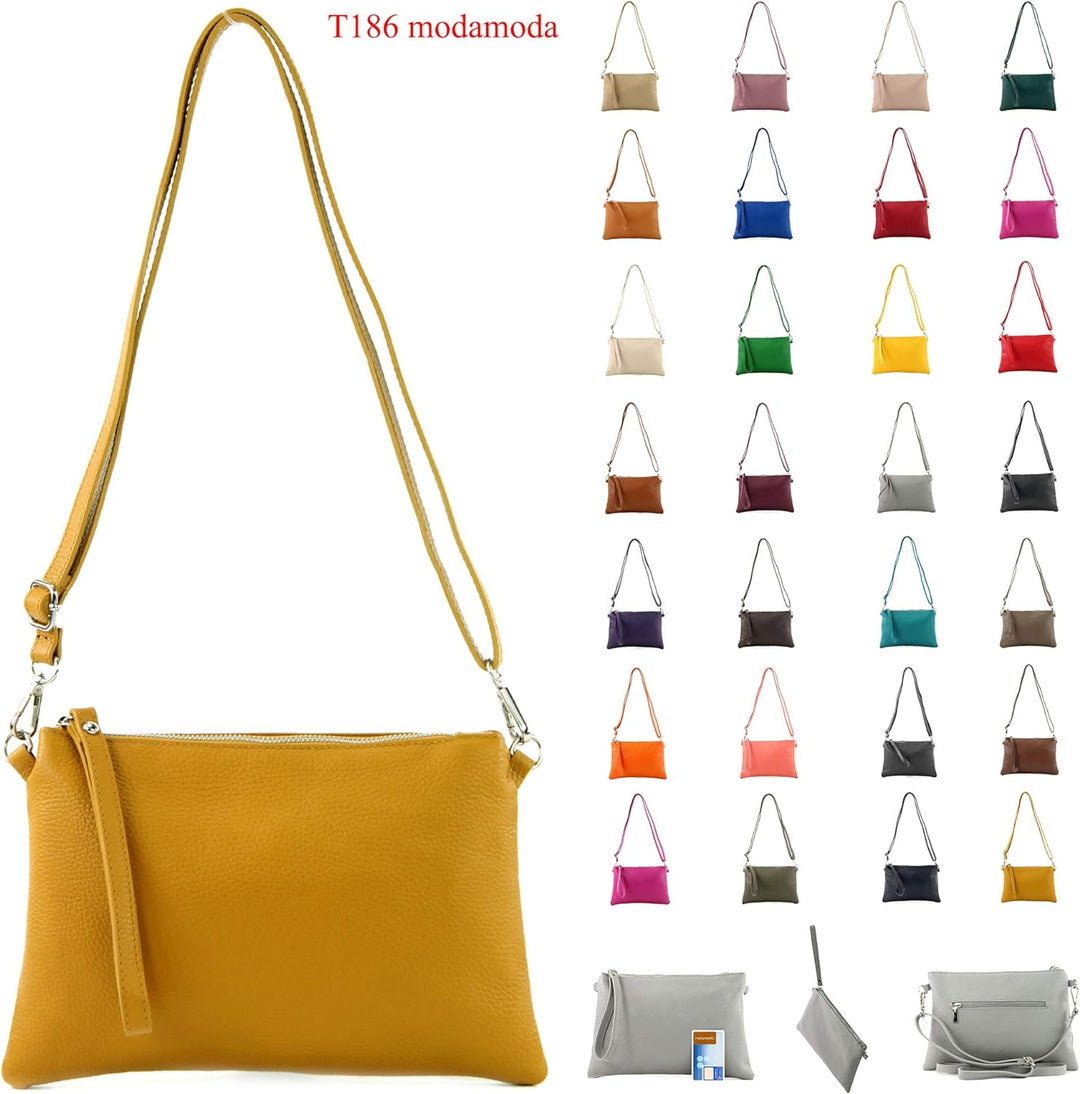 modamoda de - T186 - ital. Clutch Umhängetasche Leder Medium Lightgold, Lightgold
