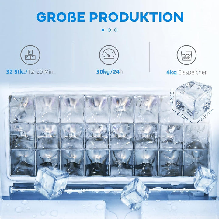 HOMCOM Kommerzielle Eiswürfelmaschine 30 kg/24H Eismaschine mit 4 kg Speicher, Freistehender Eiswürf