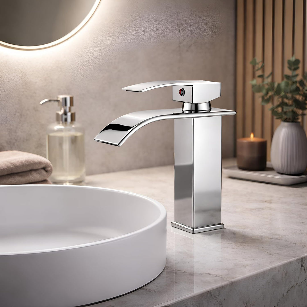 HEA Waschtischarmatur Wasserhahn Bad Chrom Waschbecken Einhebel Wasserfall für Badezimmer Wasserhahn
