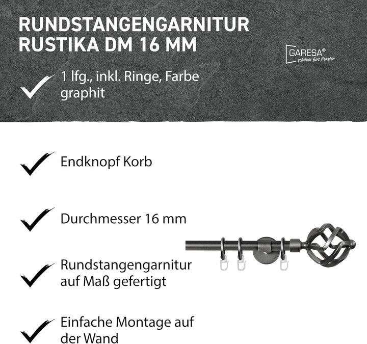 Garesa Gardinenstange Rustika Ø 16mm, 1-läufig, Graphite I Rustikale Vorhangstange aus Metall inkl.