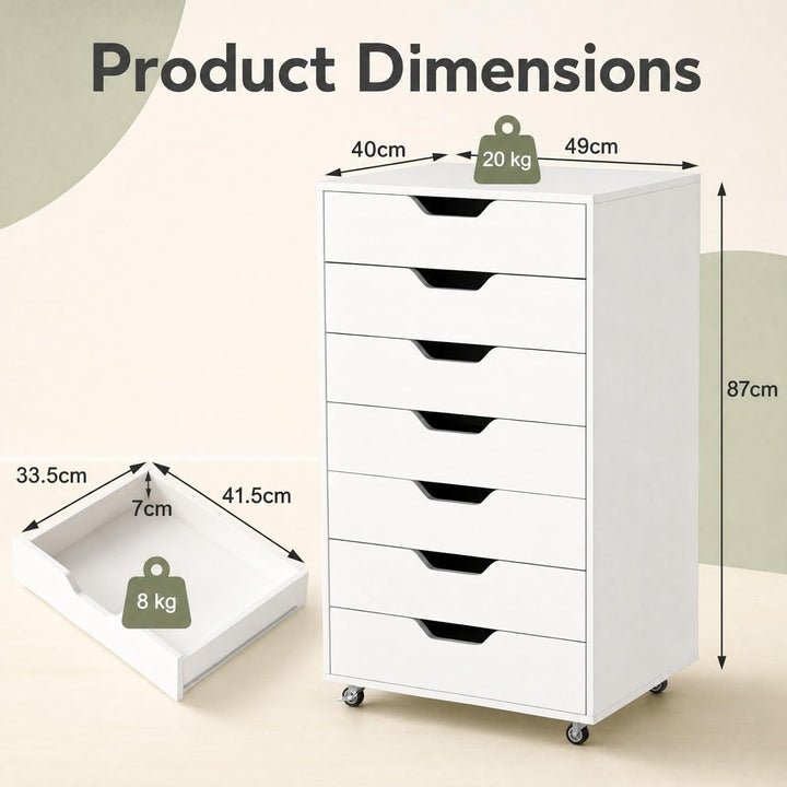 GIANTEX Rollcontainer mit 7 Schubladen, Aktenschrank mit Rollen, Schubladenschrank Holz, Druckertisc