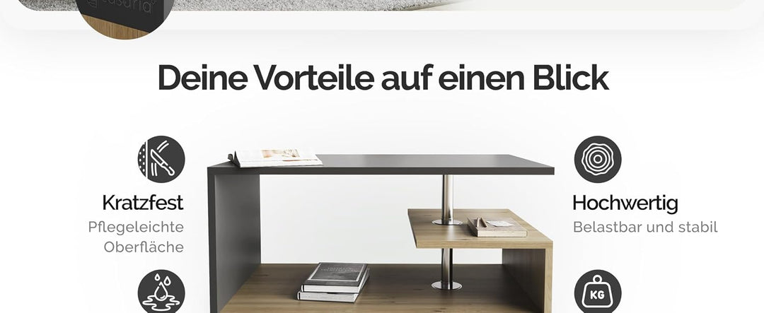 Casaria® Couchtisch Grau Holz Modern mit Stauraum 95x55cm Edelstahl Füsse Rund Höhenverstellbar Abla