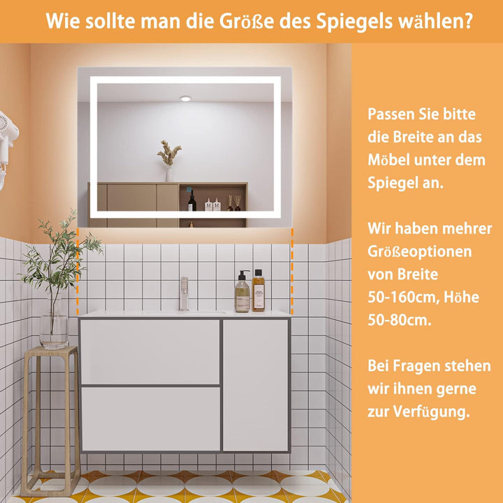 Aica Sanitär Badspiegel mit Beleuchtung 60×40cm Touch Wandschalter Kaltweiss dimmbar Memory-Funktion
