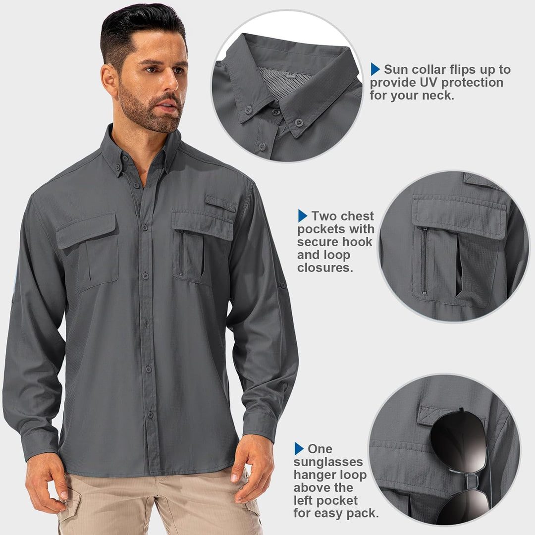 Hemd Herren Safari UPF50+ UV Schutz Wanderhemd Herren Langarm Funktionshemd Outdoorhemd Atmungsaktiv