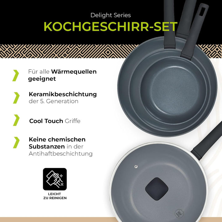 Be Living Delight Pfannenset 4-teilig, Bratpfanne 20/24/28 cm + Wokpfanne 28 cm mit Deckel, Non Stic