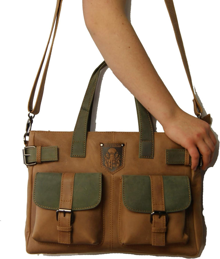 BARON of MALTZAHN Citybag Schultertasche CHAGALL aus oliv-braunem Leder, incl. Lederpflege