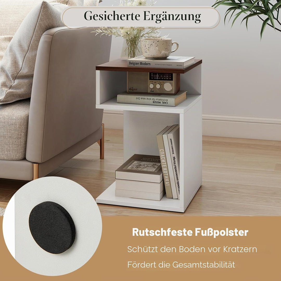 LIFEZEAL Beistelltisch S-Form, Multifunktionaler Sofatisch, Kleines Bücherregal mit 3 Etagen, Modern