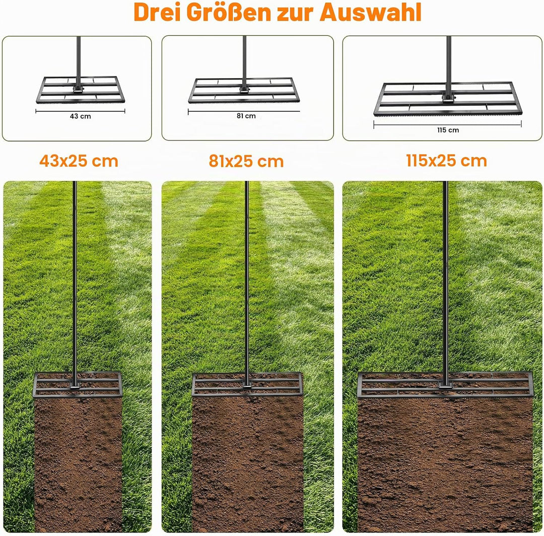 Rasen Nivellierrechen 43x25cm mit Gezahnte Seite und 199 cm Langer Griff, 2-In-1 Rasen-Nivelliergera