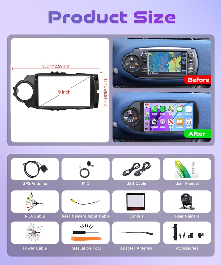 Rimoody 4G+64G Android Autoradio für Toyota Yaris 2012-2017 Wireless Carplay Android Auto Canbus, 9