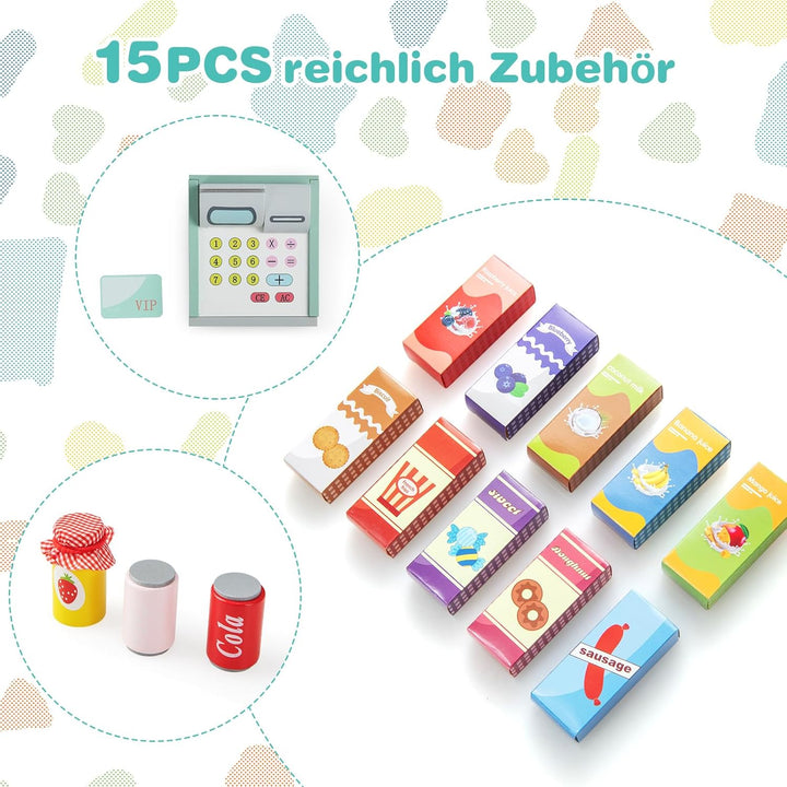 GOPLUS Kinder Kaufladen, Supermarkt aus Holz, Kaufmannsladen mit mit Kasse, POS-Automat &amp; Verkaufsau