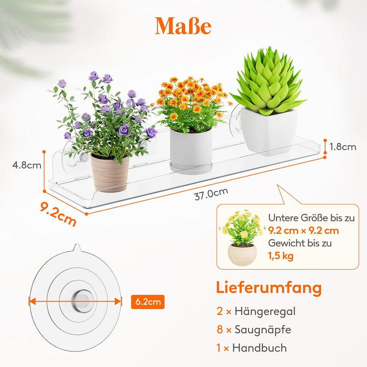 Lifewit Fenster Pflanzenregale, 2 Stück, 38cm, Transparent Regal Saugnapf, Fensterwand-Pflanzenständ
