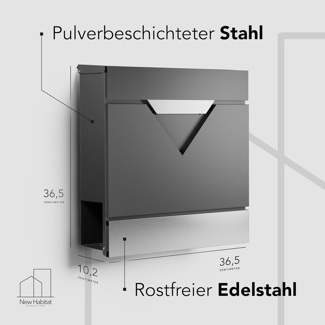 Moderner Briefkasten Personalisierbar Venedig Anthrazit RAL7016 - mit Zeitungsfach - Wandbriefkasten
