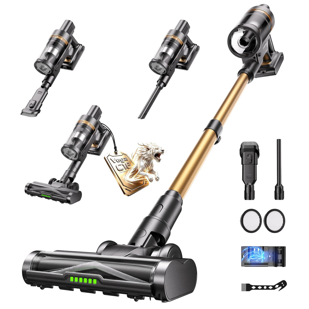 Akku Staubsauger, 650W/65000Pa/75Min, Kabelloser Stielstaubsauger mit Smart LED Display, Selbststehe