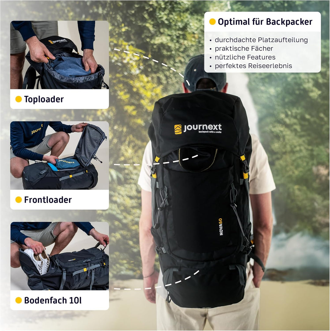 Journext Backpacker Rucksack NOVA 60+10L / Trekkingrucksack perfekt fürs Reisen/Rucksack Backpacking