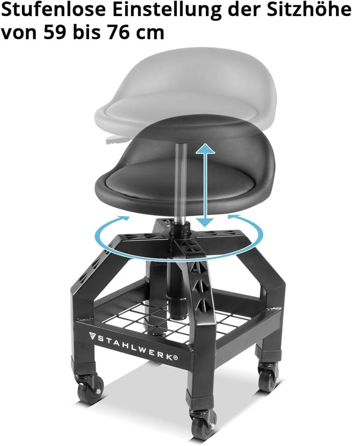 STAHLWERK Werkstatthocker VWH-300 ST 136 kg 59–76 cm Sitzhöhe | Höhenverstellbar, grosses Ablagefach