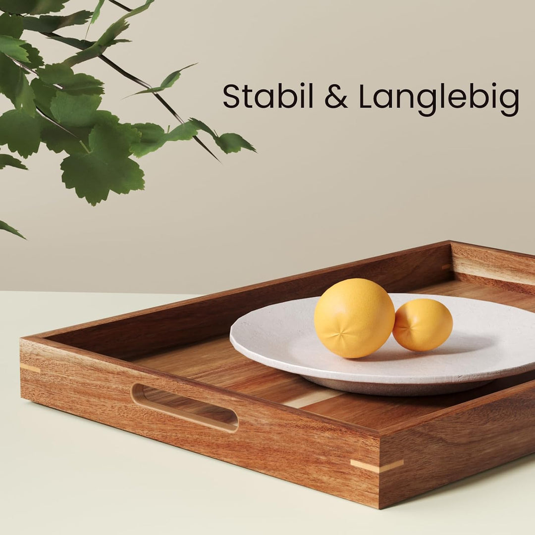 Fibogollo Serviertablett Akazienholz 2er M+L Griffe Frühstück Bett