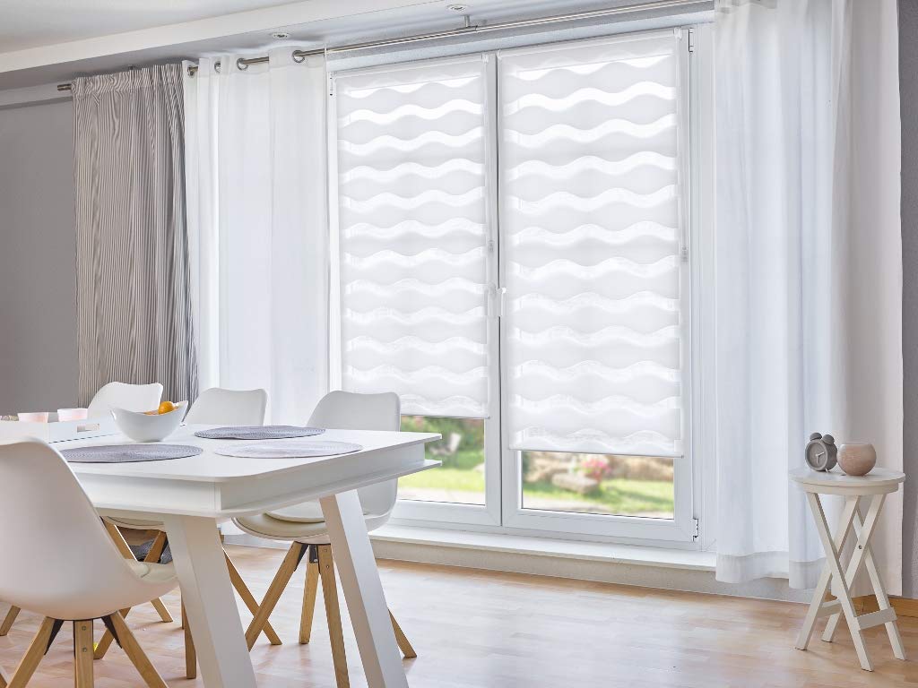 K-home Klemmfix Doppelrollo "Welle" ohne Bohren - Weiss 80 cm x 150 cm (B x L) 80 x 150 cm Weiss, 80