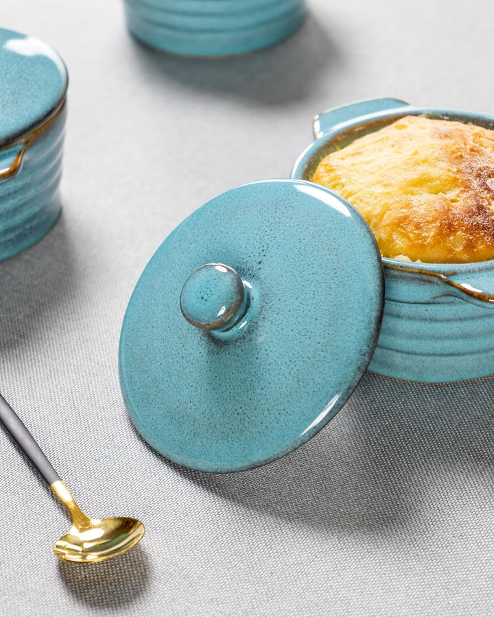 HENXFEN LEAD Mini Cocottes aus Steinzeug, 230ml Auflaufförmchen Souffle Förmchen mit Deckel, 4er-Set