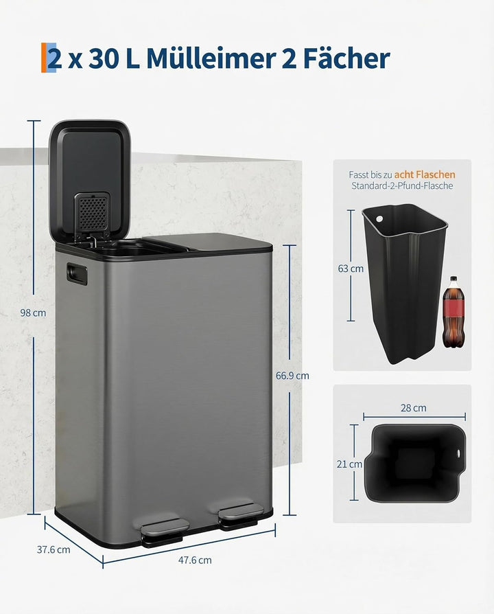 GarveeHome Mülleimer Küche, 2 x 30 L, Mülltrennsystem 2 Fächer, Metall-Tretmülleimer mit Seitlichem