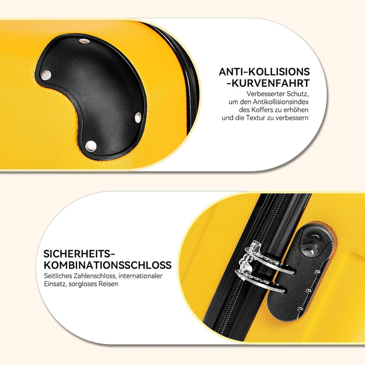 BEIBYE Hartschalen-Koffer Trolley Rollkoffer Reisekoffer Handgepäck 4 Rollen (M-L-XL-Set) (Yellow, L