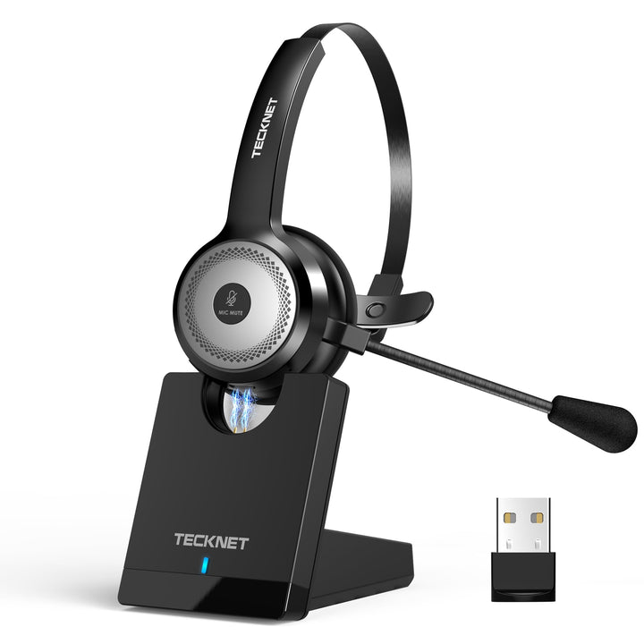 TECKNET Bluetooth Headset mit Mikrofon, PC Headset mit AI Rauschunterdrückung, kabelloses Headset mi